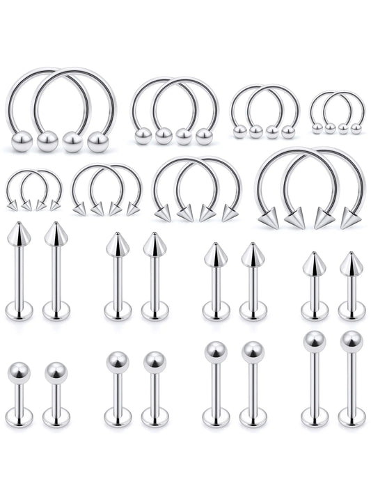 32pcs Lip Rings Set, Labret Monroe Lip Barbell, Snake Bite Piercing Jewelry, 16g Helix Earring, Daith Tragus Cartilage Studs, Lips Piercing, Lip And Cartilage Piercings, Body Jewelry, Body Piercing Kit
