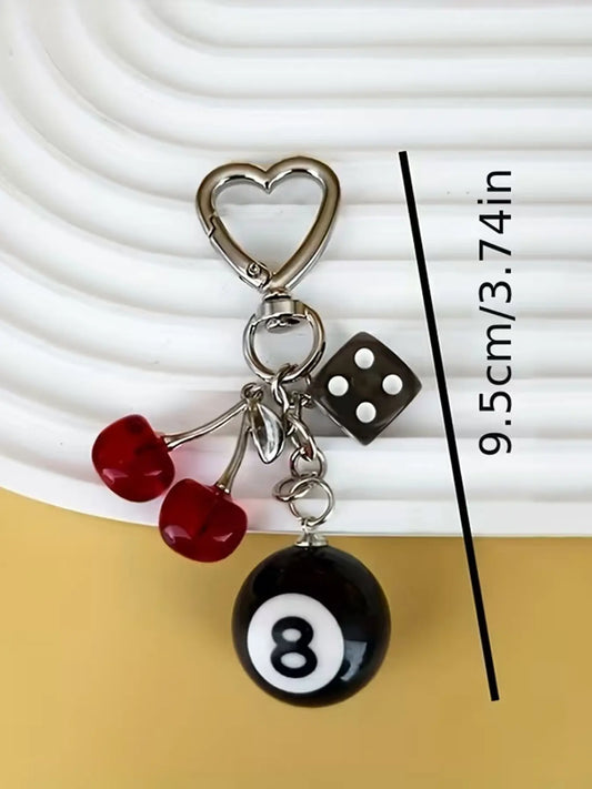 American Retro Y2K Black Dice & Eight Billiard Ball & Cherry Pendant Keychain Charms, Suitable for Decorating Keys, Bags and Earphone Cases, Accessory for Going Out and Dating, Key Accessories