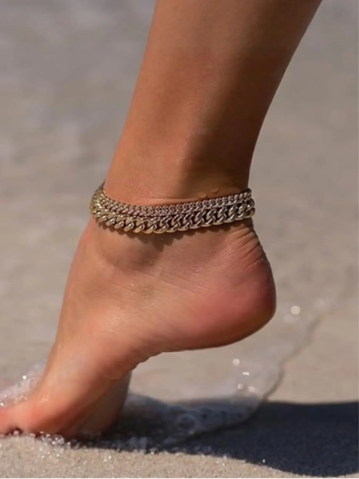 2026 New Double Layer Cuban Link Anklet for Women, Gold/Silver Waterproof Beach Foot Jewelry, Minimalist Chain Anklet for Summer Daily & Vacation Wear, Trendy Fashionable Accessories, Wearable Jewelry, Fashion Jewelry