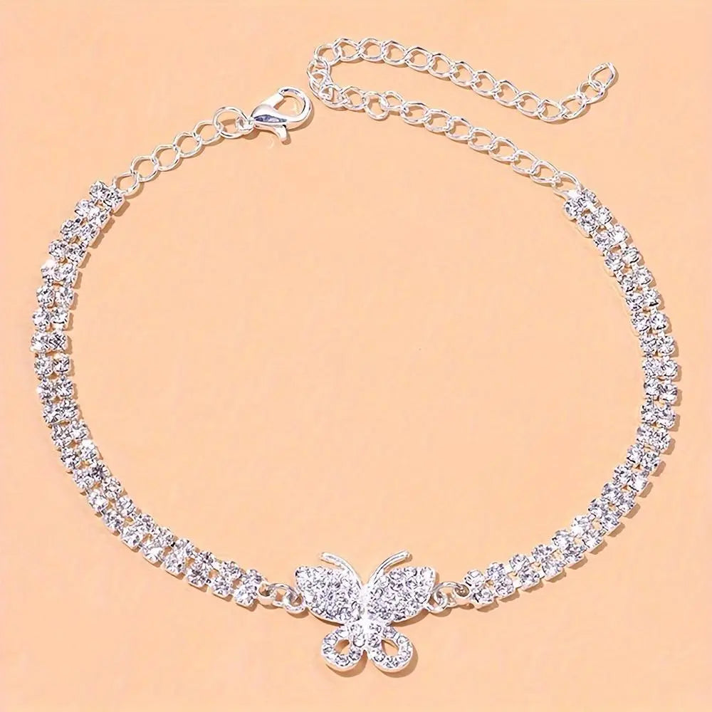 Women's Full-Drill Rhinestone Butterfly Anklet - Synthetic Alloy Geometric Claw Chain, Soldered Setting, Stainless Metal Coating, Elegant Casual Luxury Chain Jewelry Anklets for Daily Wear, Ideal Gift Accessory, Non-Customized