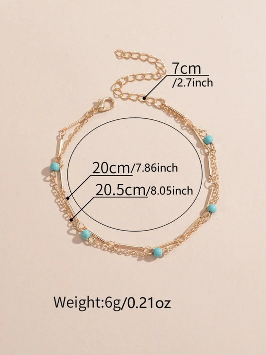 Boho Style Turquoise Texture Beaded Double Layer Design Anklet for Women & Girls, Foot Jewelry, Fashion Jewelry for Beach Party, Daily Clothing Decor, Trendy All-match & Exquisite Jewelry for Birthday Gift, Boho Ankle Bracelet, Accessory
