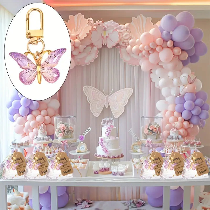 36pcs Purple Butterfly Mini Keychain Party Favor Set - 12 Keychains, Cards, Yarn Bags, Happy Birthday Packaged Party Gifts
