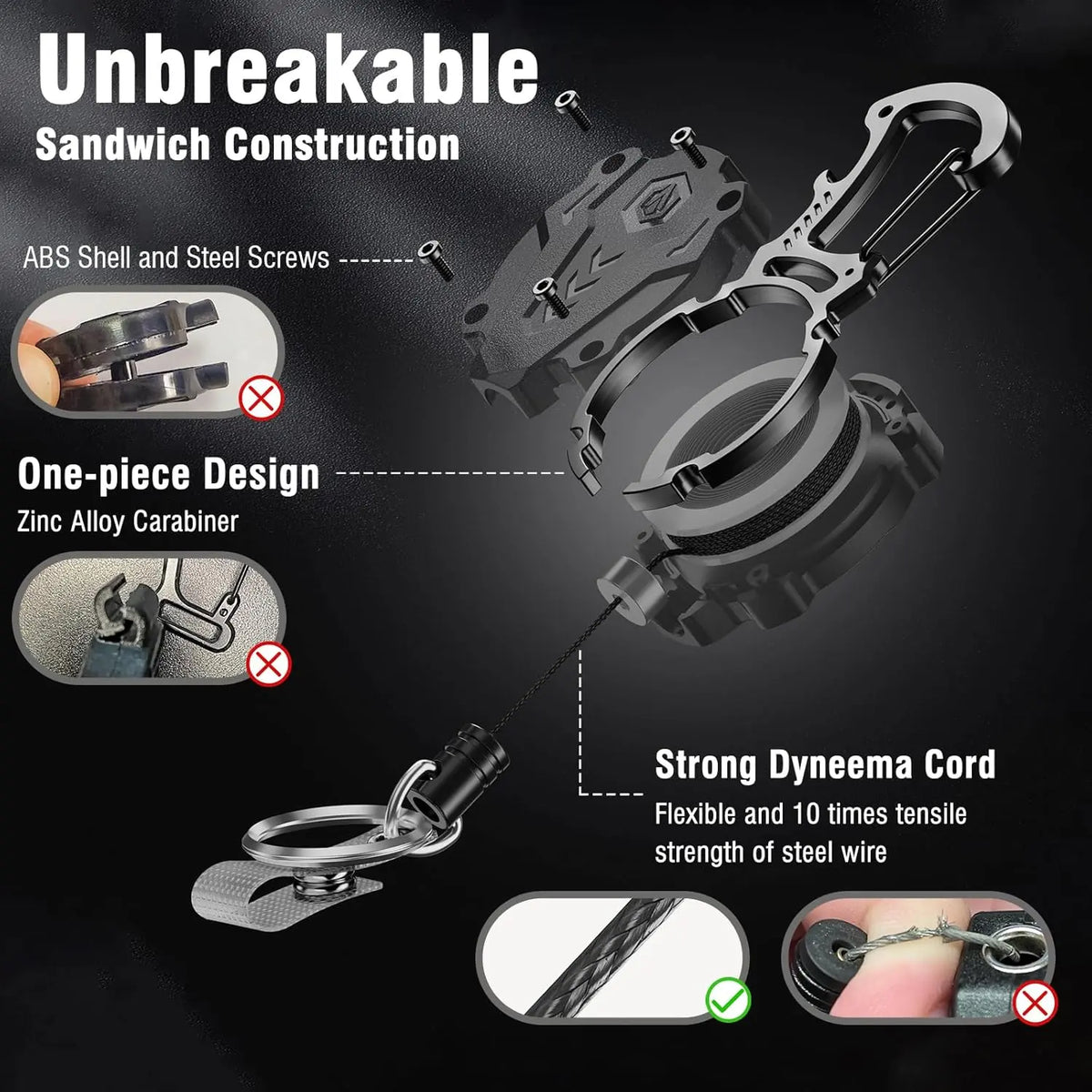 Men's 2-Pack Heavy Duty Magnetic Retractable Carabiner Keychain - Military Tactical Uniform ID Badge Holder, 31" Length Dyneema Cord, Unbreakable Sandwich Construction, 25oz Bearing, Adventure Outdoor Gear, Backpack Accessory Gift for Male Use