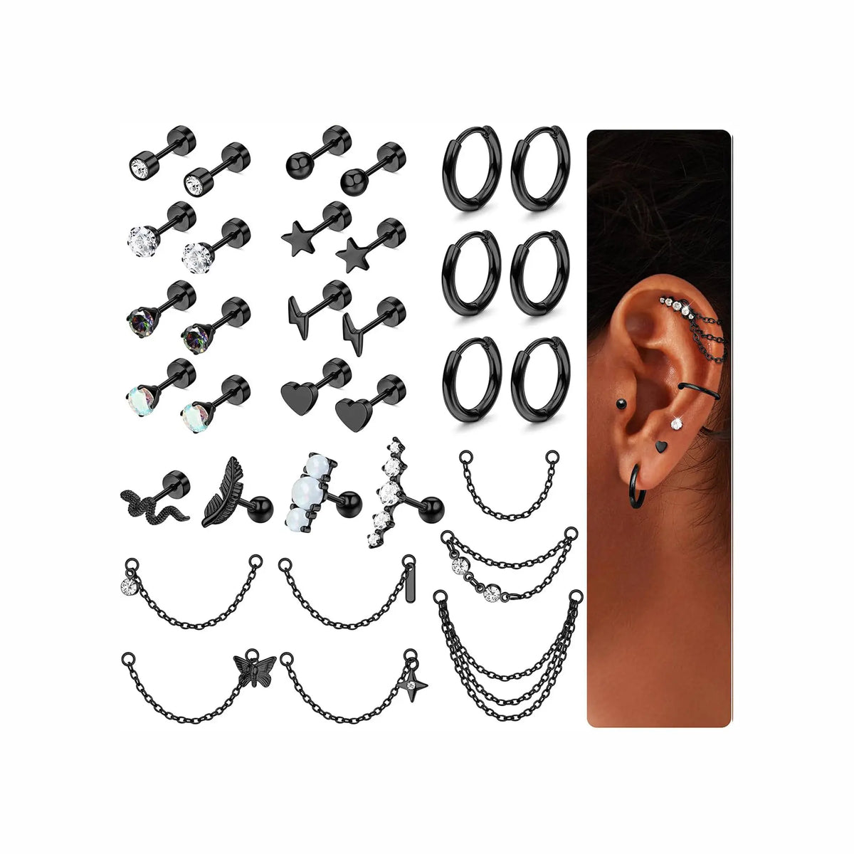 LOLIAS Women's 33Pcs 20G Surgical Steel Cartilage Earring Set - Hypoallergenic Flat Back/Push Back Studs, Hoops, 7 Chain Dangles, Trendy Iridescent Chain, CZ Opal Jewelry for Conch Piercings, Earring Stack, 10mm, Birthday Gift, Body Piercing Kit