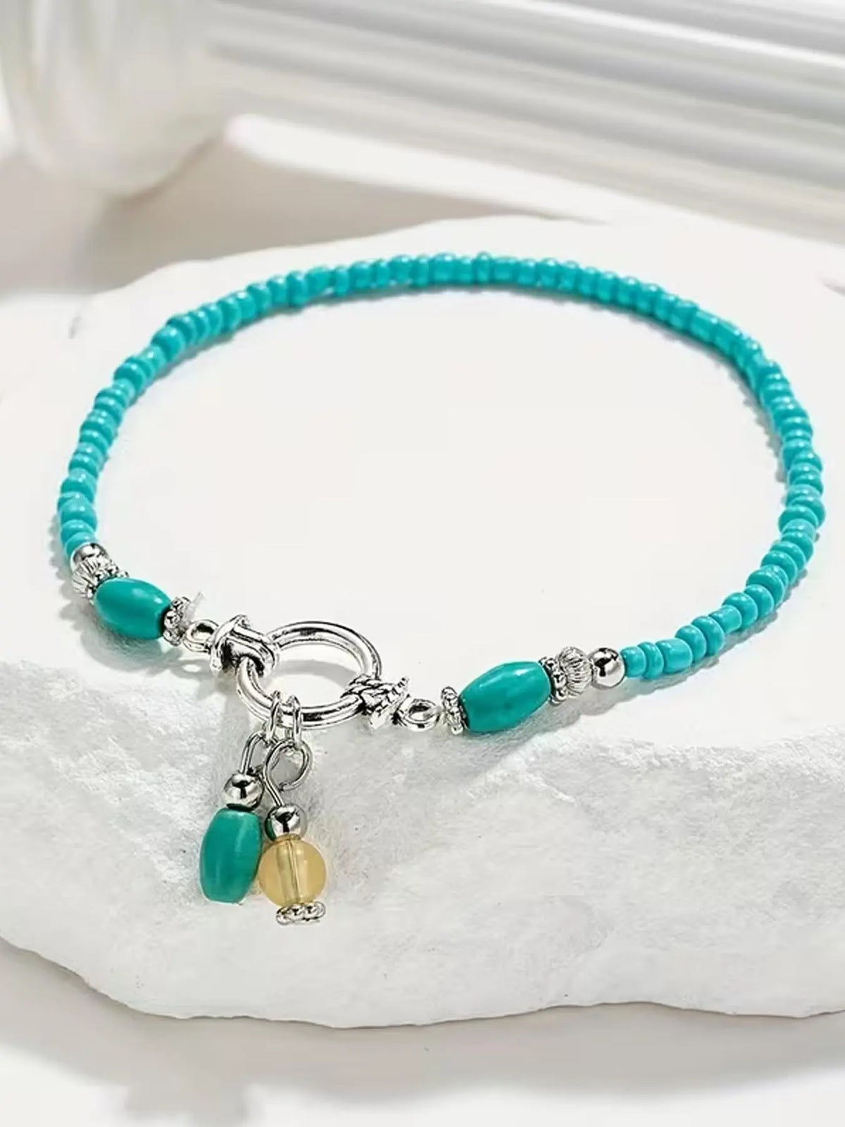 1pc Retro Imitation Turquoise Blue Pendant Anklet, Fashionable Bohemian Single-layer Beaded Anklet, Suitable for Vacation Beach Style, Travel Fashion Items, Fashionable Accessory, Gifts for Ladies, Boho Anklet, Jewelry, Jewellery