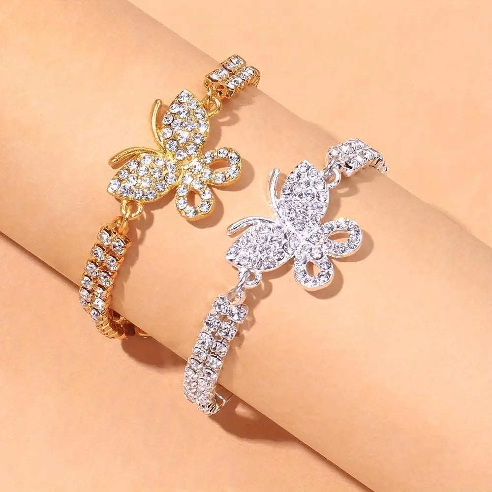 Women's Full-Drill Rhinestone Butterfly Anklet - Synthetic Alloy Geometric Claw Chain, Soldered Setting, Stainless Metal Coating, Elegant Casual Luxury Chain Jewelry Anklets for Daily Wear, Ideal Gift Accessory, Non-Customized