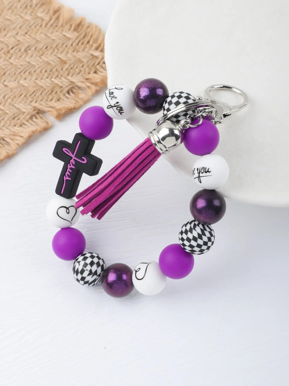 Macaron Cross Beaded Bracelet Keychain, Cute Keychains, Matching Tassel Pendant, Soft Beads Design, Perfect Gift for Friends and Mom, Easter and Thanksgiving Gifts