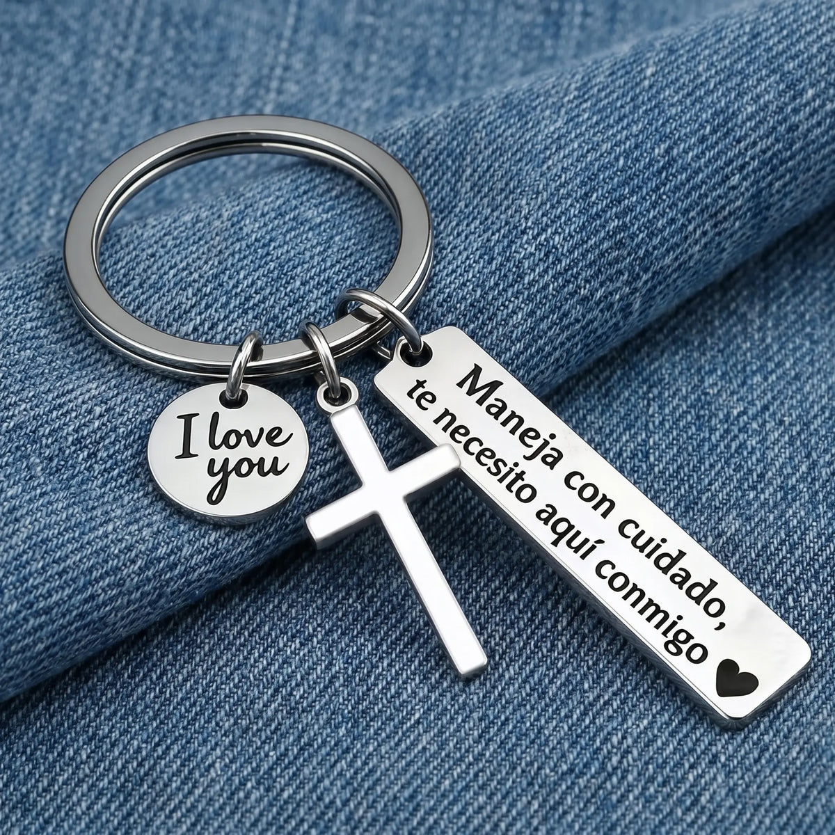 Maneja Con Cuidado Te Necesito Aquí Conmigo Keychain with Cross & "I Love You" Charm, Spanish Drive Safe Stainless Steel Keyring, Romantic Religious Gift for Him/Her Adjustable Heart Rate Couples Bracelet Set Rotating Retractable Reading Badge Holder-MM1