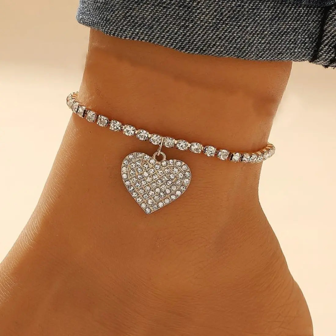 Women's Boho Sparkling Rhinestones Love Anklet - Stainless Steel Jewelry, Heart Pendant Beaded Foot Accessory, Adjustable Size Summer Beach Vacation Holiday Outfit Jewelry, Sohochic