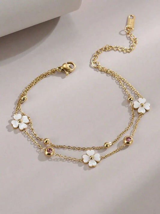 1pcs Women Dainty Double Layer Ankle Bracelet White Shell Four Petal Flower Anklet with Pink and White CZ Beads Adjustable Chain Summer Beach Foot Jewelry Trendy Jewelry Boho Style Jewelry Gift for Her Boho Anklet