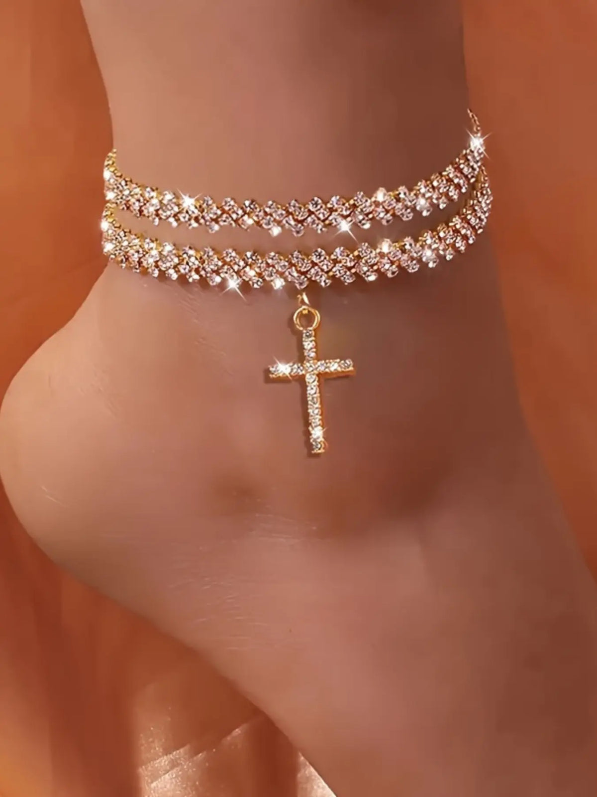 Elegant Rhinestone Cross Pendant Anklet Set, Dainty Layered Anklet, Fashionable Sparkling Design, Perfect for Parties & Evening Events, Women's Accessory, Foot Jewelry, Fashion Chic Accessories, Trendy Fashionable Accessories