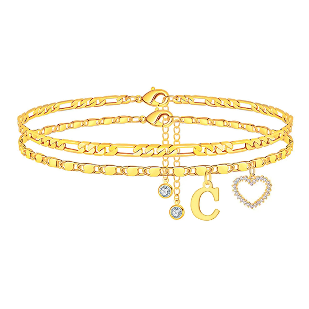 Women's Personalized Initial Alphabet Theme Anklet - Double Layer Gold Metal Coating Heart Charm, Adjustable Dainty Minimalist Stackable Chain, Aesthetic Alt Fashion Jewelry, Holiday Gift Idea, Fashion Accessories