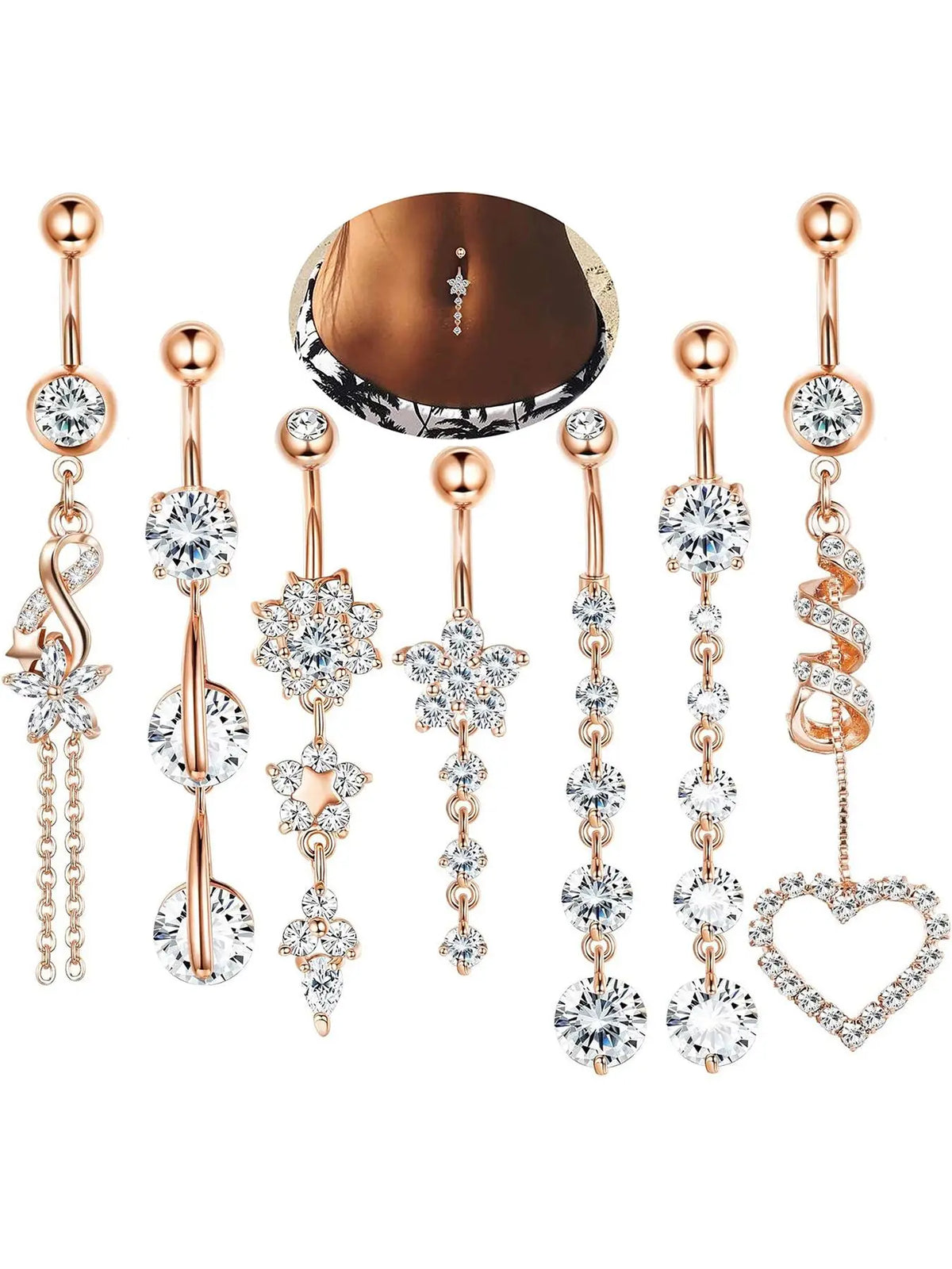 Women's Elegant Rhinestone Flower and Heart Belly Rings, Exquisite Trendy Belly-Piercing Jewelry for Party and Everyday Wear, Fashion Body Jewelry, Body Jewellery