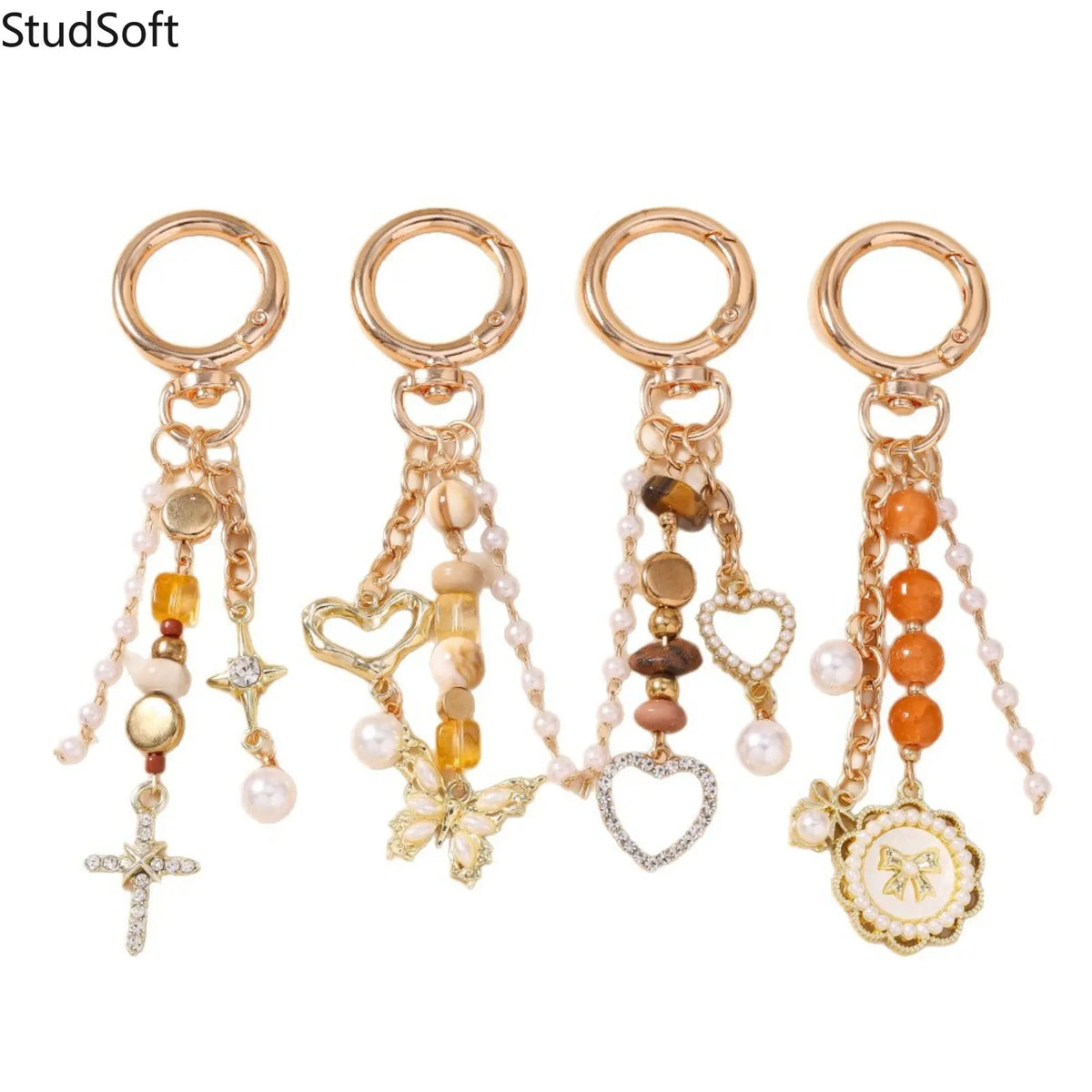 Beaded Wristband Keychain for Women, Funky Purse & Bag Charm with Butterfly, Heart, Cross, and Disc Pendants, Funky Unique Accessories, Cross Heart Disc, Multi-Pendant, Love, Whimsy, Charmful