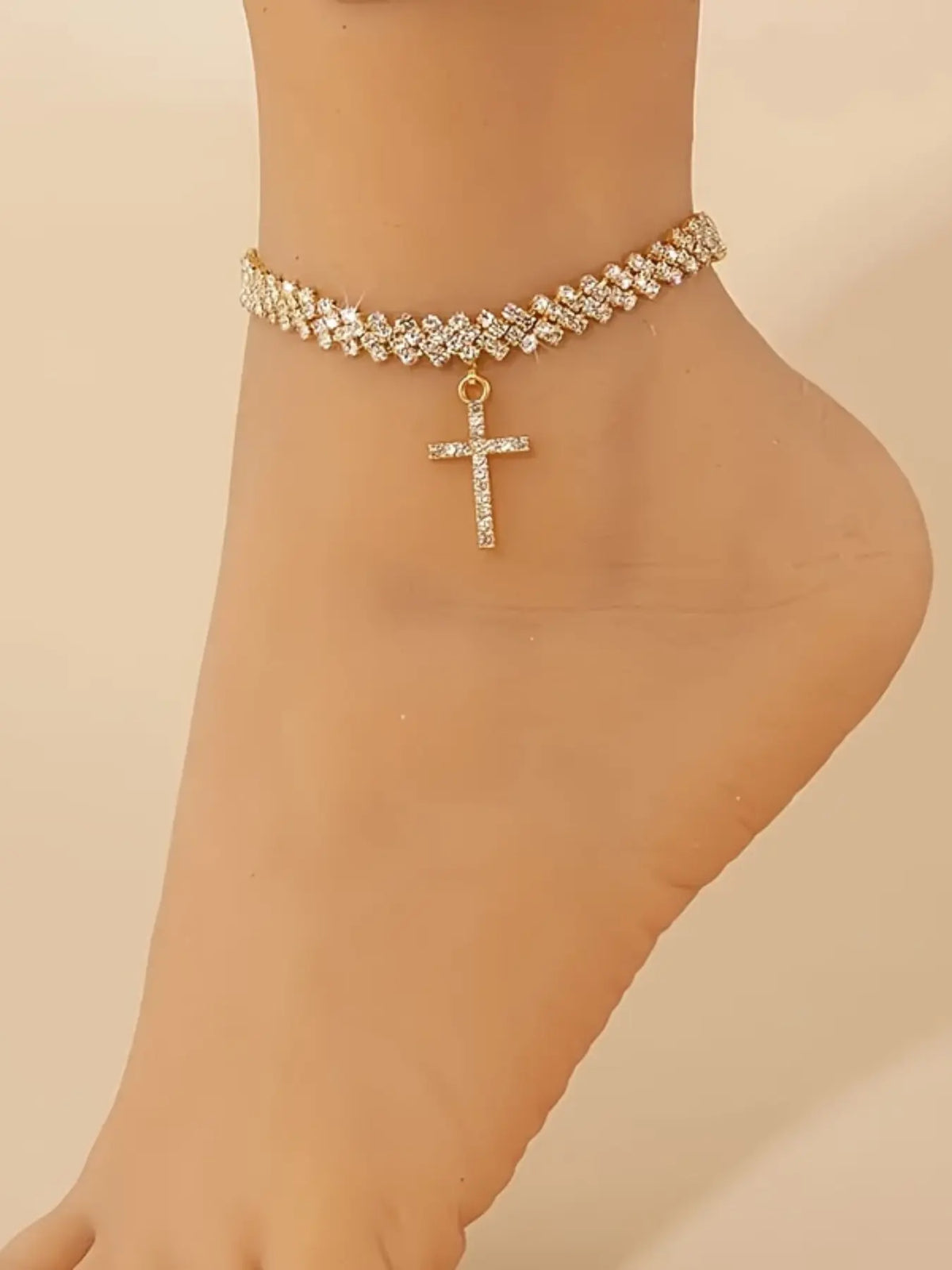 Elegant Rhinestone Cross Pendant Anklet Set, Dainty Layered Anklet, Fashionable Sparkling Design, Perfect for Parties & Evening Events, Women's Accessory, Foot Jewelry, Fashion Chic Accessories, Trendy Fashionable Accessories