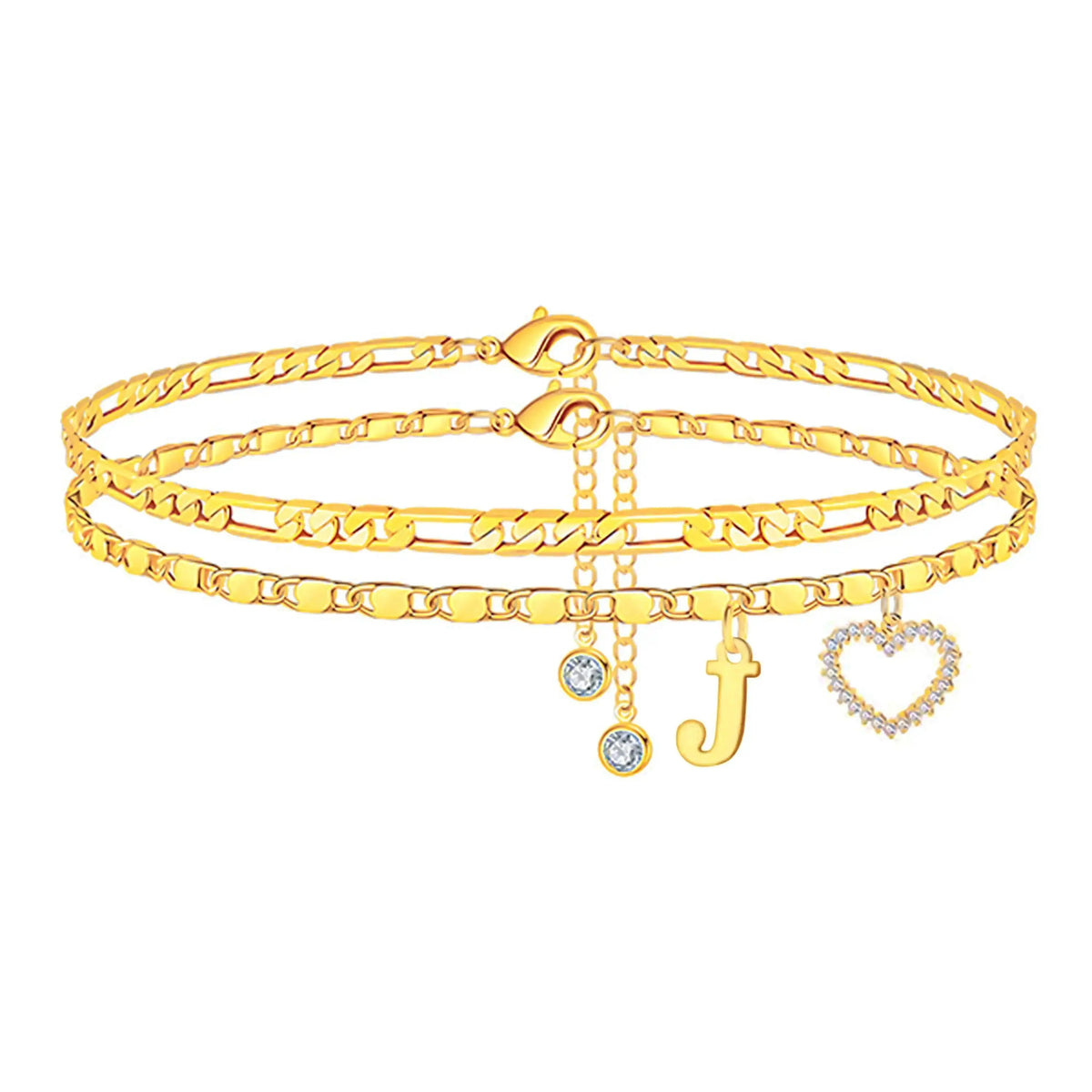 Women's Personalized Initial Alphabet Theme Anklet - Double Layer Gold Metal Coating Heart Charm, Adjustable Dainty Minimalist Stackable Chain, Aesthetic Alt Fashion Jewelry, Holiday Gift Idea, Fashion Accessories