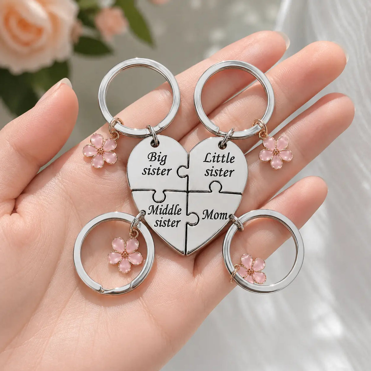 Mother Daughter Keychain for 4,Mother Big Sister Middle sister Little Sister Keychain for 4, Sweet Meaningful Gift for Mom for Mother's Day, Birthday, Christmas or Just Because