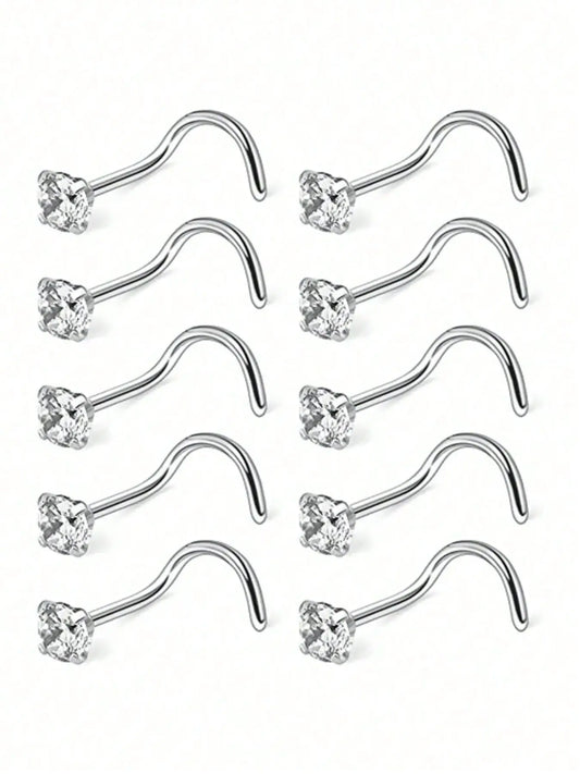 10 Pcs Stainless Steel Hoop Nose Rings, 3mm Zircon Claw Nose Jewelry, Body Jewelry, Punk Style Piercing Accessories, Unisex Daily Wear, All Seasons, Nose Rings Hoops