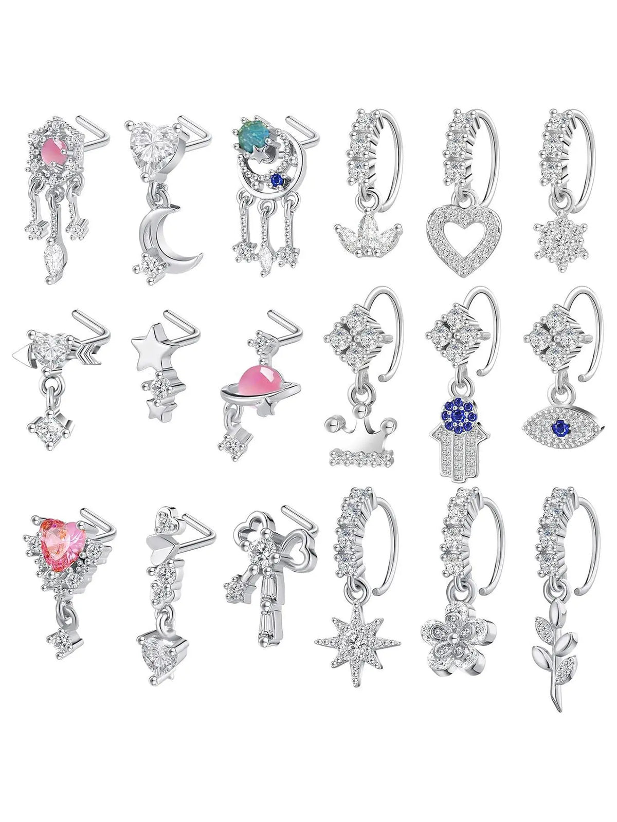 Heart & Star Design Nose Rings, L Shaped Stud Nose Piercing Jewelry, Fashion Body for Women & Girls, Spiral Nose Ring, Nose Rings Studs, Nose Rings Set, Body Jewellery
