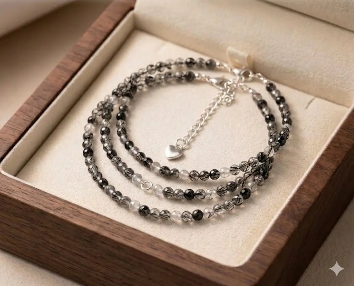 Female Minimalist Lightweight 2mm Streak Black Rutilated Quartz Beaded Boho Anklet - Adjustable Alloy Silver Chain Trendy Jewelry, Elegant Beachwear Accessory