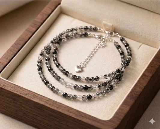 Female Minimalist Lightweight 2mm Streak Black Rutilated Quartz Beaded Boho Anklet - Adjustable Alloy Silver Chain Trendy Jewelry, Elegant Beachwear Accessory