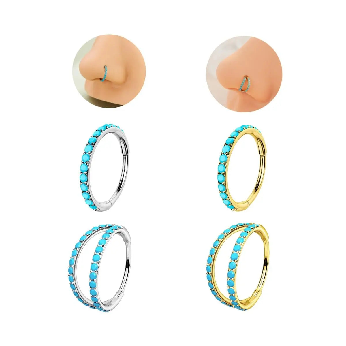 OUFER BODY JEWELRY 20G 316L Stainless Steel Turquoise Hinged Segment Ring, Corrosion-Free Nostril Nose Piercing Piece with Hinge Detail, Unisex Fashion Body Jewelry, 6mm/7mm/8mm Inner Diameter, Turquoise Jewelry
