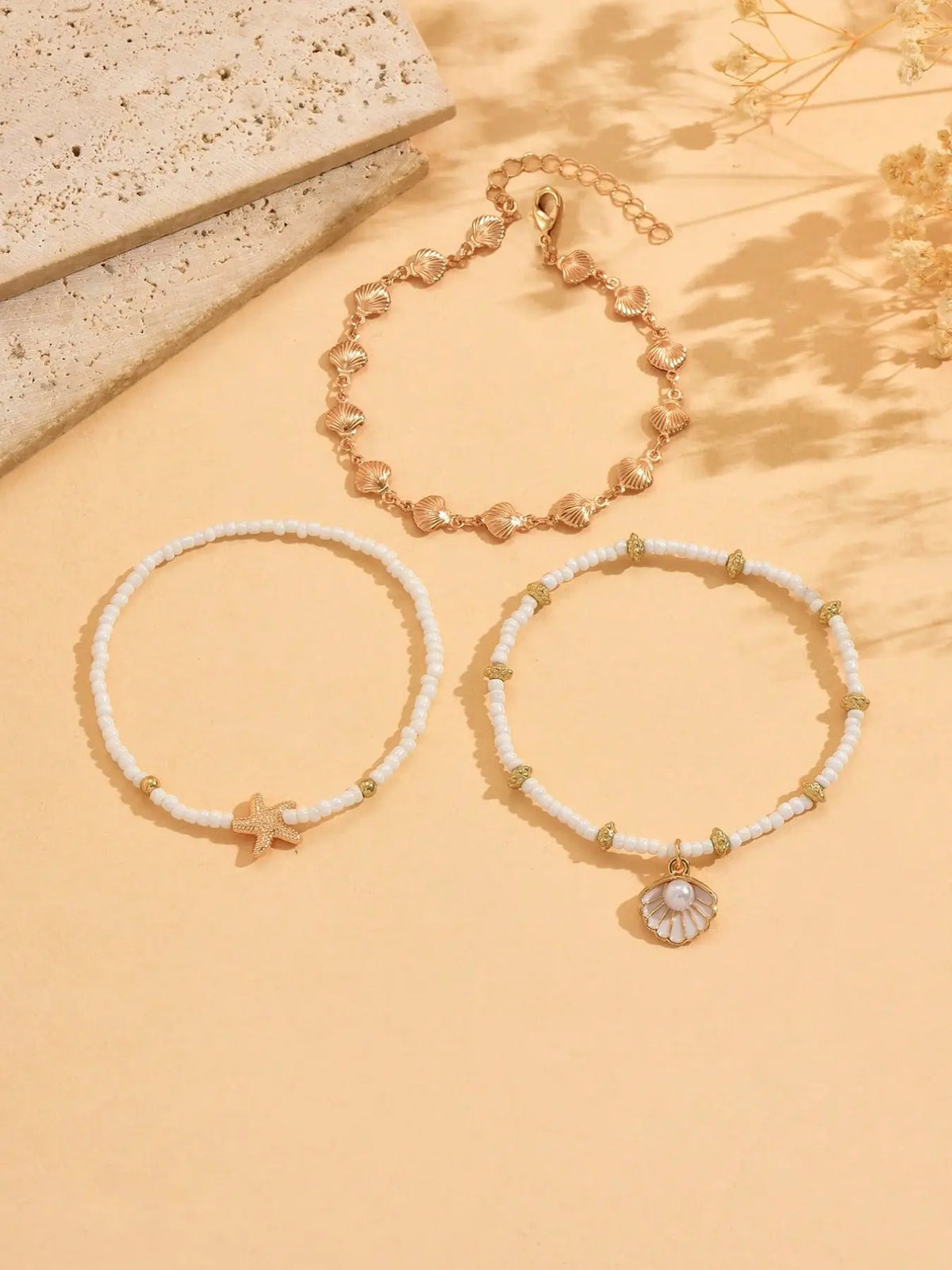 3pcs Set Summer Beach Anklets, Beaded Seashell & Starfish Pendants, Handmade Chains, Fashion Foot Jewelry for Daily Wear, Starfish Accent