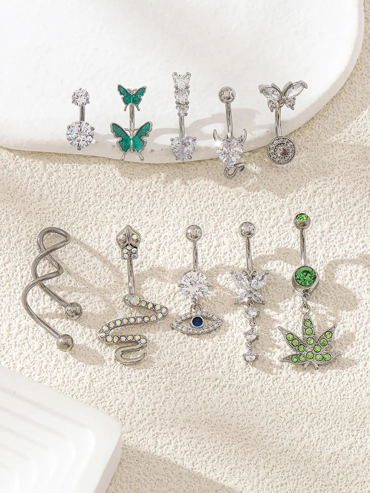 Women's Rhinestone Decorated Charms Belly Piercing Chic Body Jewelry, Body Piercings Set, Belly Button Rings, New Summer 2024 Butterfly & Eye & Snake & Heart Navel Real Jewelry Sets for Women Girls, Body Jewellery