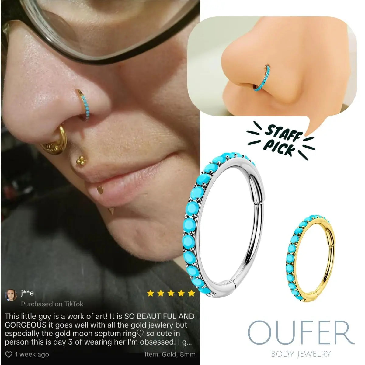 OUFER BODY JEWELRY 20G 316L Stainless Steel Turquoise Hinged Segment Ring, Corrosion-Free Nostril Nose Piercing Piece with Hinge Detail, Unisex Fashion Body Jewelry, 6mm/7mm/8mm Inner Diameter, Turquoise Jewelry