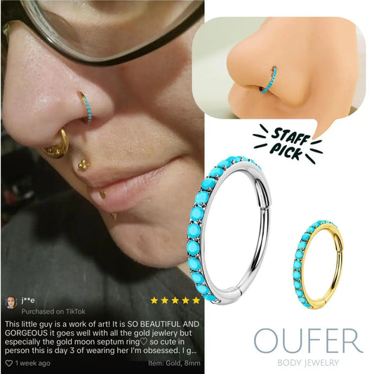 OUFER BODY JEWELRY 20G 316L Stainless Steel Turquoise Hinged Segment Ring, Corrosion-Free Nostril Nose Piercing Piece with Hinge Detail, Unisex Fashion Body Jewelry, 6mm/7mm/8mm Inner Diameter, Turquoise Jewelry