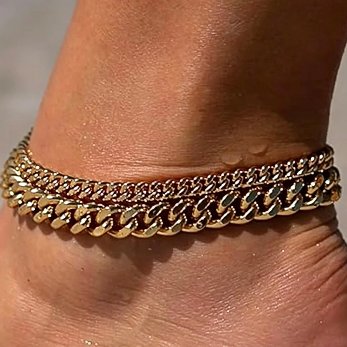 Double-layer thick and thin Cuban chain foot chain, European and American beach vacation style foot accessory for women, holiday gift
