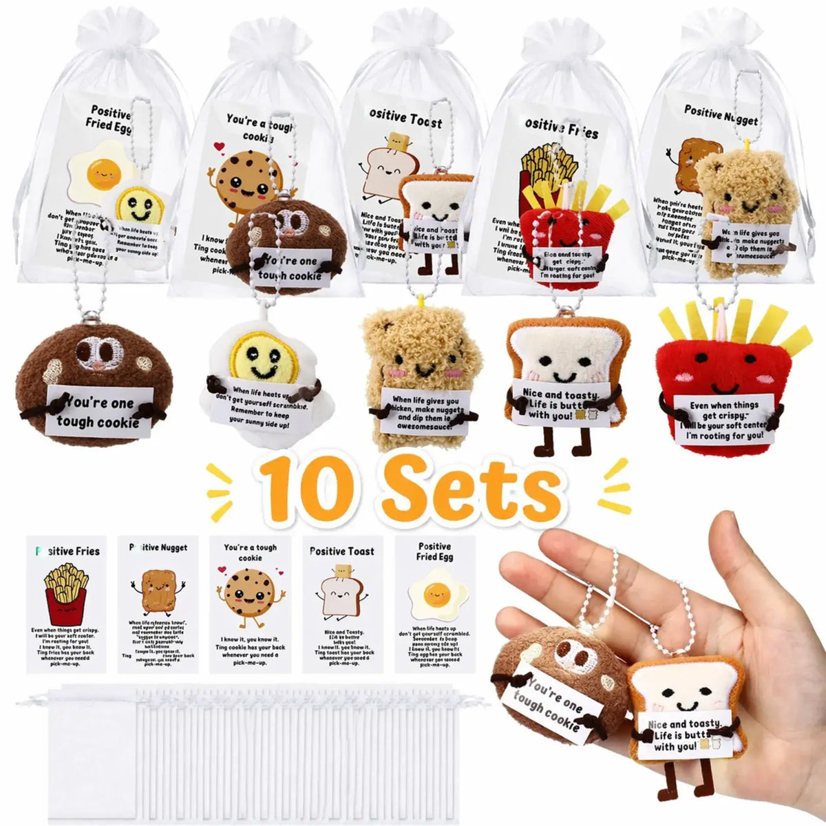 30 Sets Mini Plush Food Keychains with Motivational Pun Gift Cards - 10/24/30 Pack Mini Gifts, Inspirational Backpack Charms, Organza Bag-Included Pocket Favors, Classroom Rewards, Composition Notebook-Friendly Coworker Party Supplies, Cookie