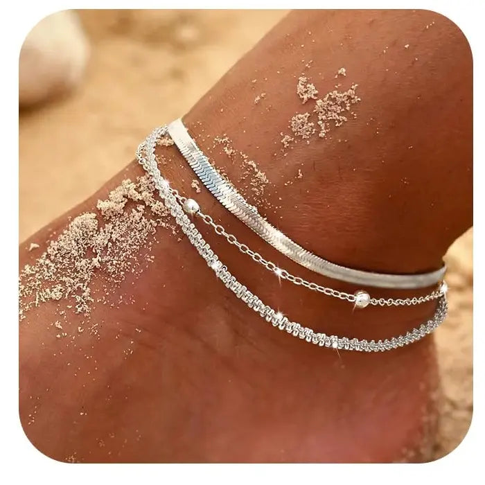 Silver Ankle Bracelets for Women,Dainty Layered Waterproof Anklet for Women Adjustable Sparkly Herringbone Beaded Rope Chain Set Stackable Cute Summer Beach Jewelry Gift