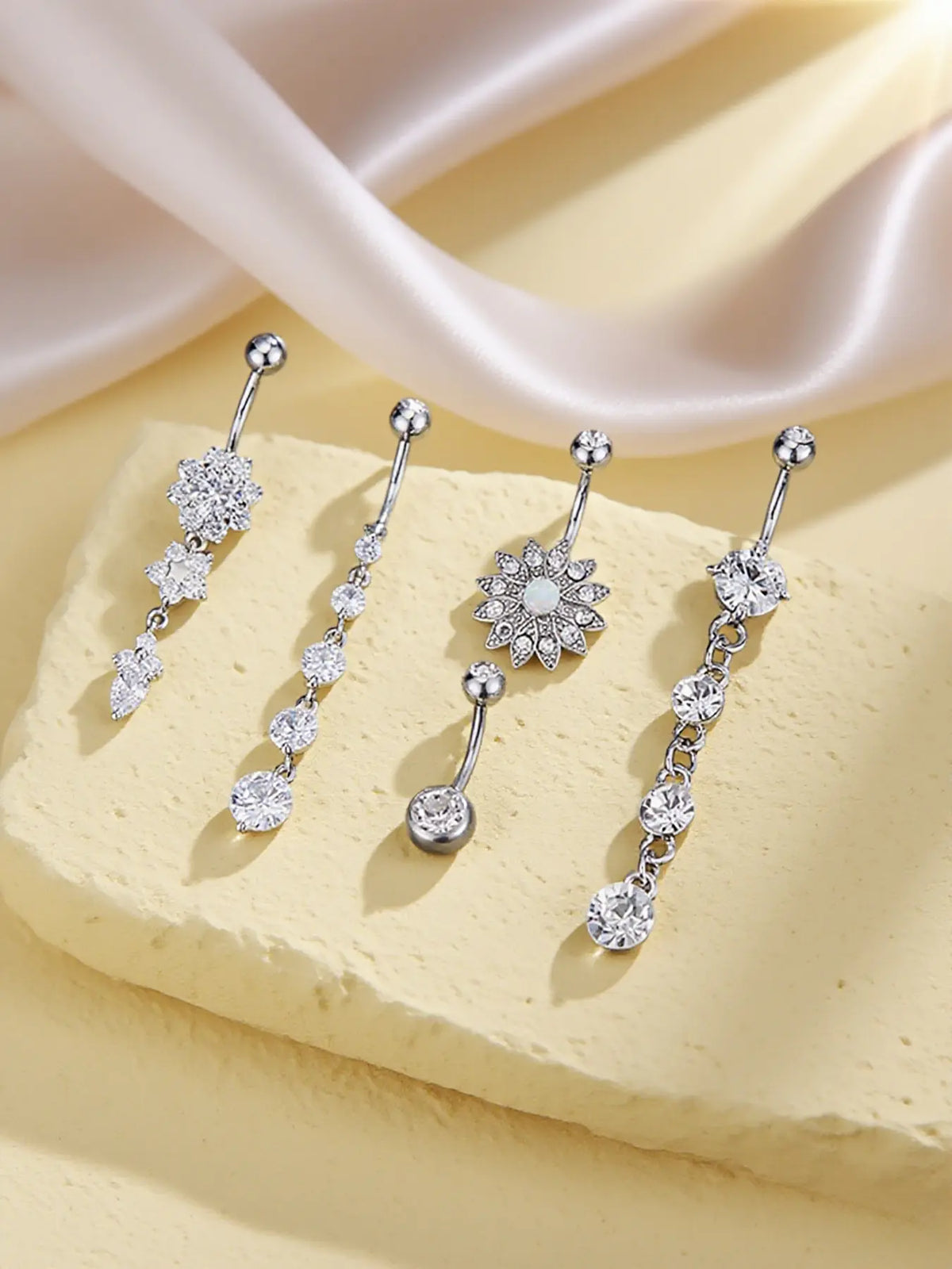 Women's Belly Button Rings Set, Navel Ring, Artificial Zircon Flower Design, Fashion Jewelry for Party & Vacation Wear, Body Piercing Accessories, High Quality Jewelry, Body Jewellery