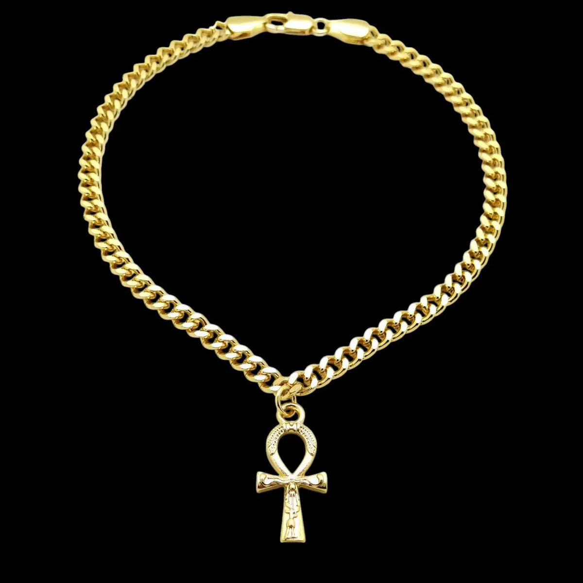 MaxBling81 Women's Nefertiti Egyptian Cross Ankh Logo Female Anklet - 4mm 10" Gold-Plated Cuban Chain, Polished Finish, Metal Coating, Goddess Aesthetic Casual Fashion Jewelry Accessory