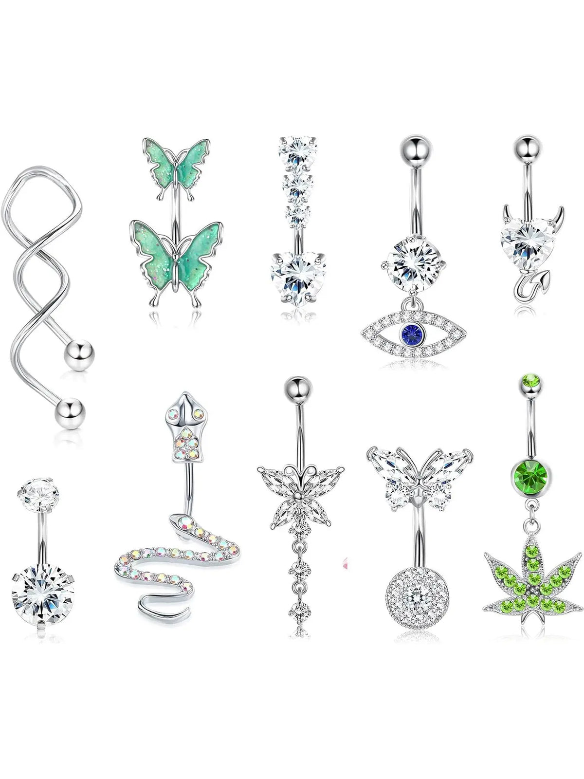 Women's Rhinestone Decorated Charms Belly Piercing Chic Body Jewelry, Body Piercings Set, Belly Button Rings, New Summer 2024 Butterfly & Eye & Snake & Heart Navel Real Jewelry Sets for Women Girls, Body Jewellery