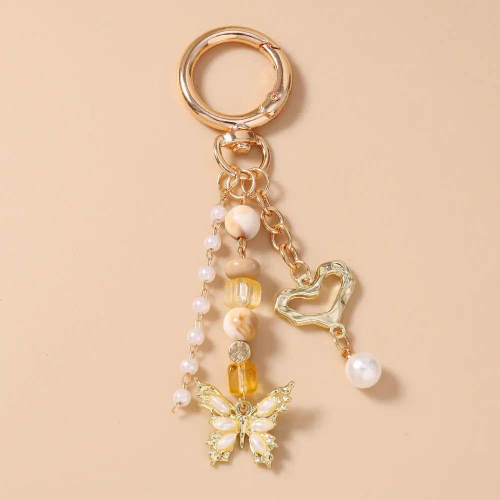 Beaded Wristband Keychain for Women, Funky Purse & Bag Charm with Butterfly, Heart, Cross, and Disc Pendants, Funky Unique Accessories, Cross Heart Disc, Multi-Pendant, Love, Whimsy, Charmful