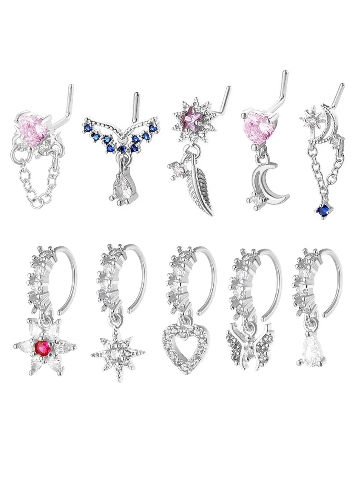 8/10/20 Pieces 20g Dangle Nose Ring, Nose Rings L Shaped, L-Shaped Hanging Stud, Stainless Steel, Cz Flower Pendant, Women's Nose Jewelry, All Seasons