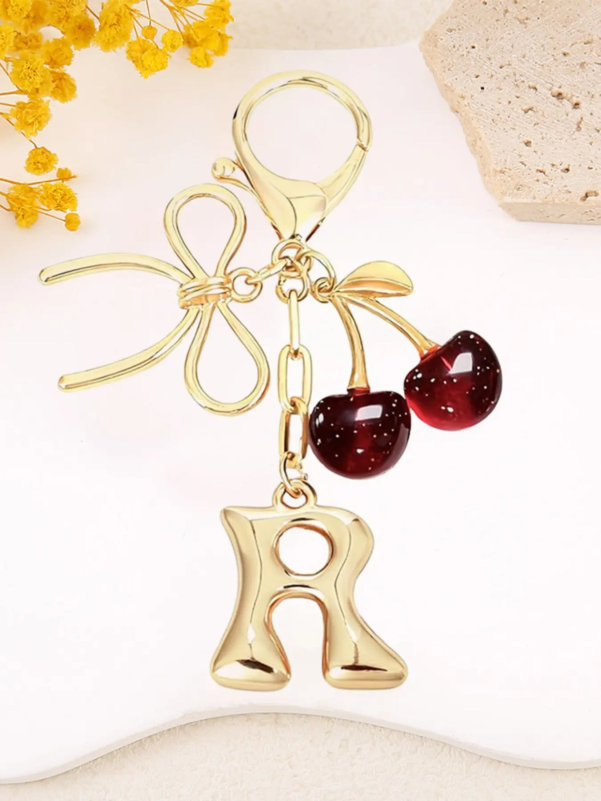 Women's Cherry Bow Letter Pendant Keychain, Cherry Design, Bow Accent, Casual Style Wallet, Handbag and Backpack Accessory, Keychain for Bags, Car Keychain for Students, Cherry Bow Keychains