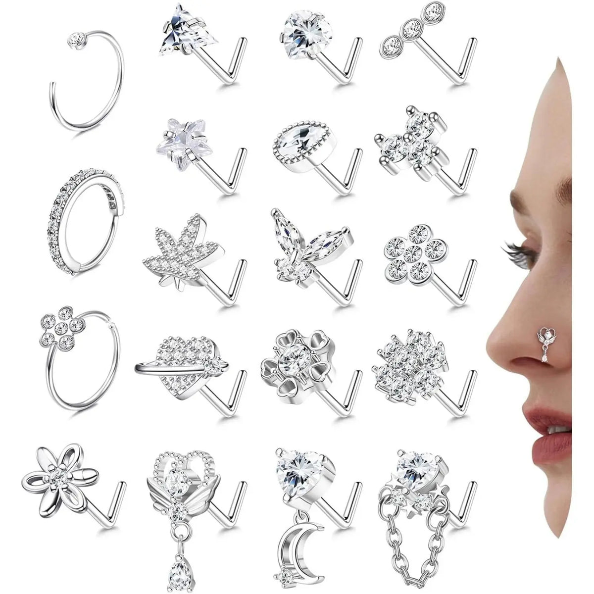 Women's 19-Pcs 20G (0.8mm) L-Shaped Hypoallergenic Nickel-Free Stainless Steel Nose Piercing Studs Set - Cubic Zirconia Butterfly, Heart, Flower Designs, Non-Tarnish Nose Ring Jewelry