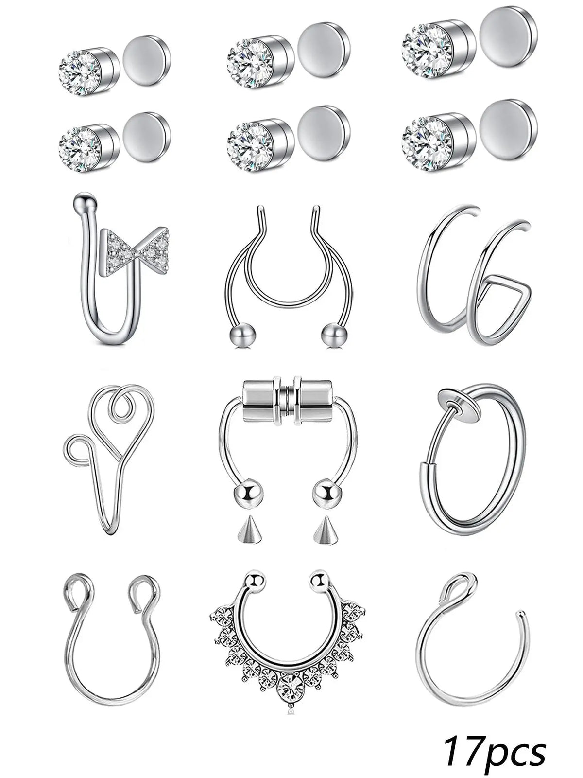 13pcs/set Rhinestone Decorated Faux Nose Rings, Stainless Steel Magnetic Nose Rings Set, Non-Piercing Body Jewellery for Women and Men, Fashion Accessories for Party and Daily Wear