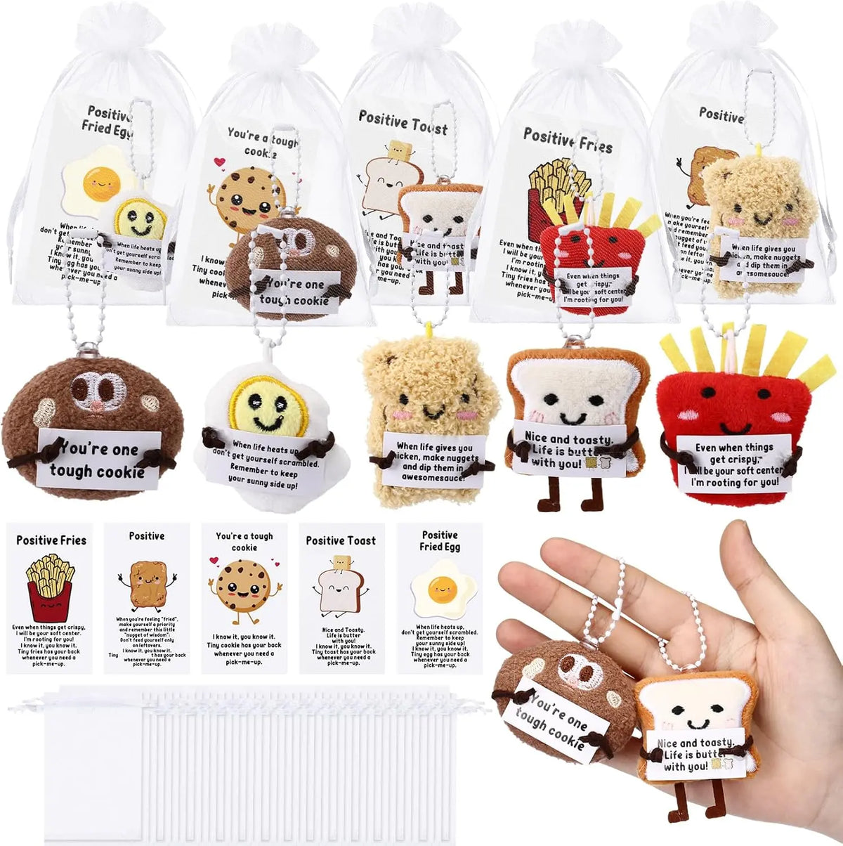 30 Sets Mini Plush Food Keychains with Motivational Pun Gift Cards - 10/24/30 Pack Mini Gifts, Inspirational Backpack Charms, Organza Bag-Included Pocket Favors, Classroom Rewards, Composition Notebook-Friendly Coworker Party Supplies, Cookie