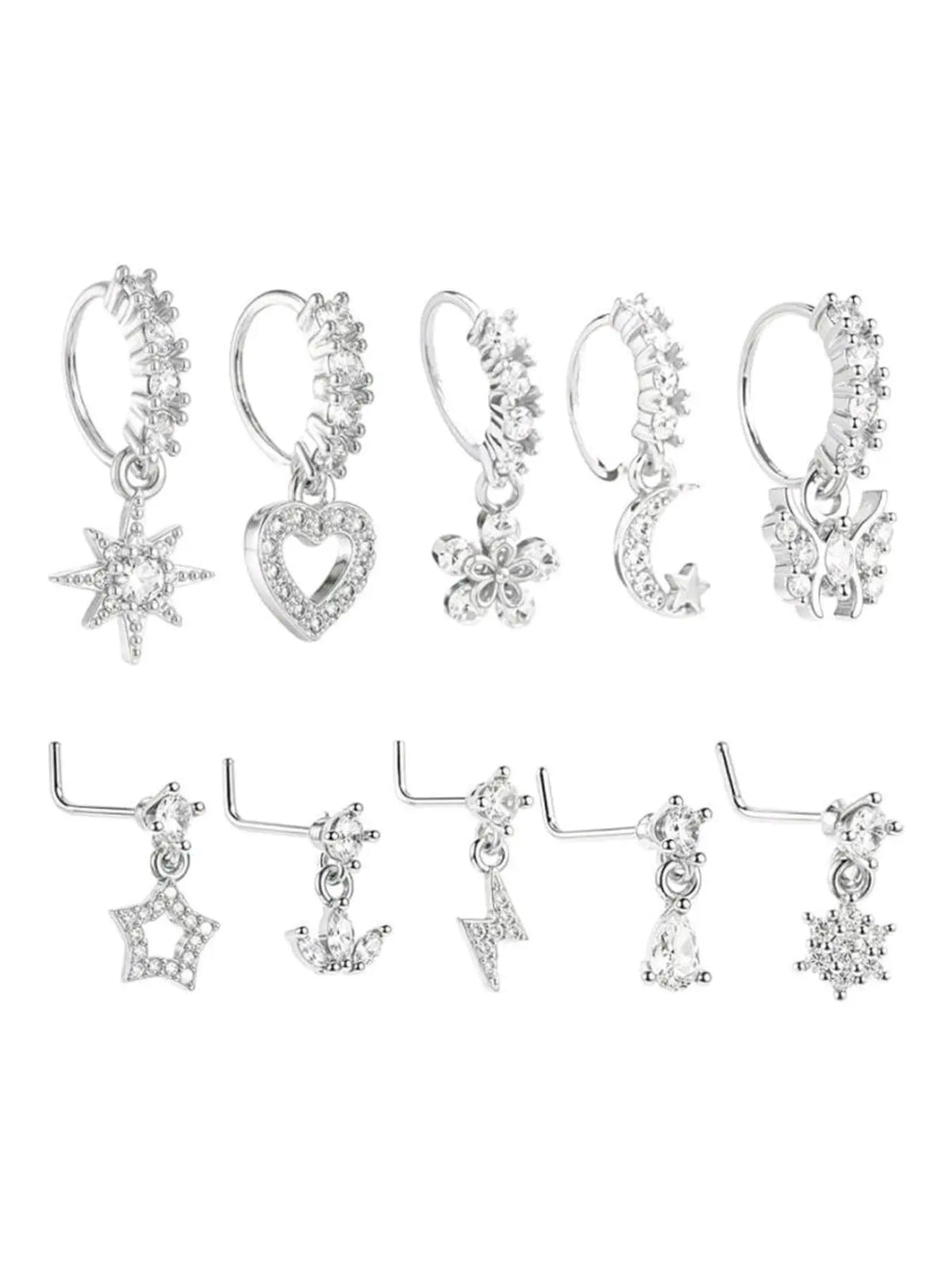8/10/20 Pieces 20g Dangle Nose Ring, Nose Rings L Shaped, L-Shaped Hanging Stud, Stainless Steel, Cz Flower Pendant, Women's Nose Jewelry, All Seasons