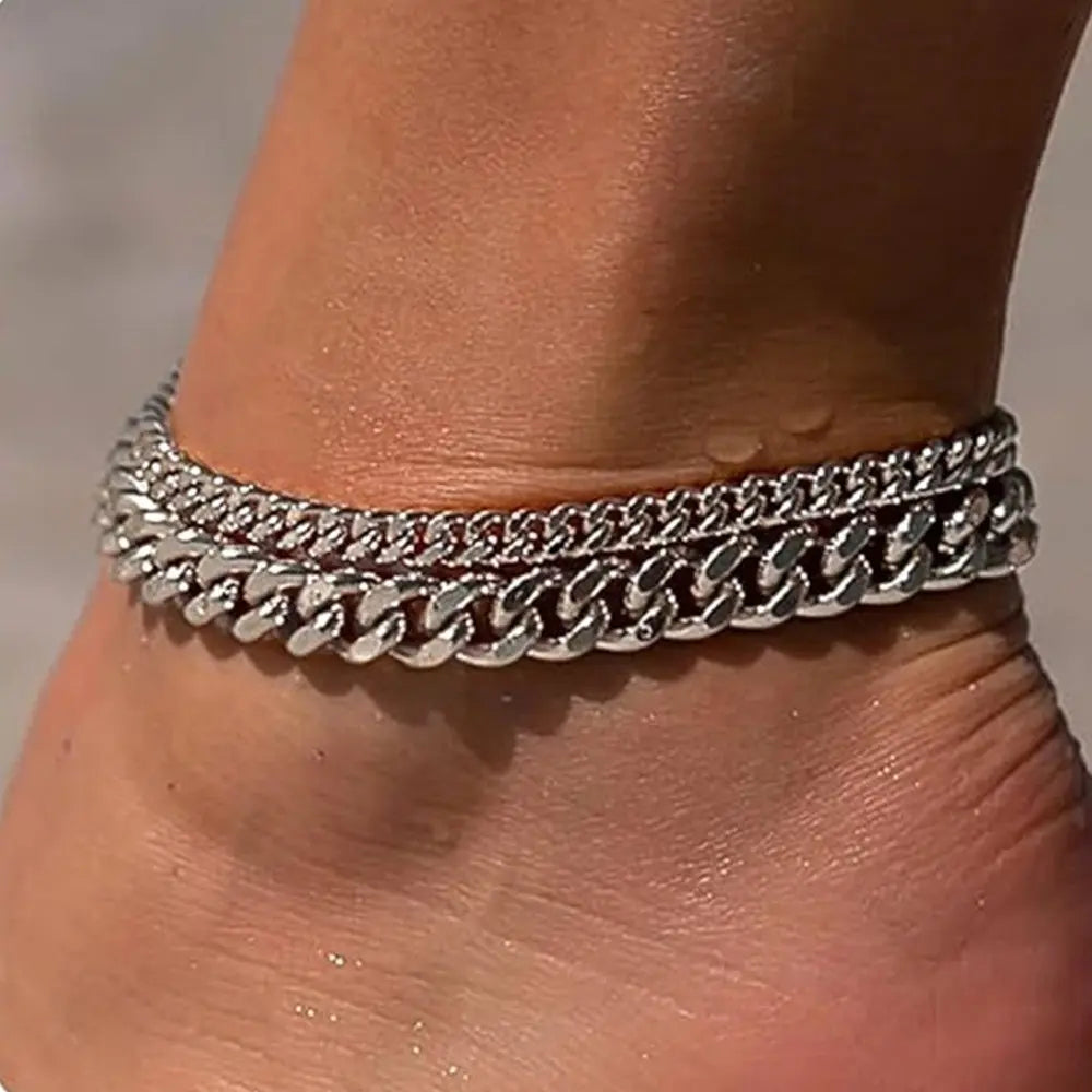 Double-layer thick and thin Cuban chain foot chain, European and American beach vacation style foot accessory for women, holiday gift
