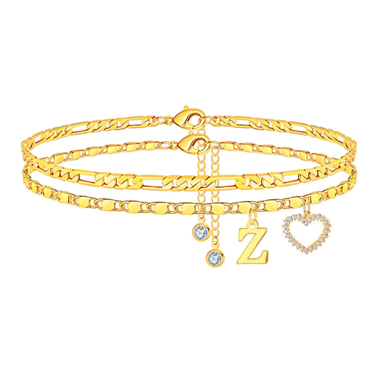 Women's Personalized Initial Alphabet Theme Anklet - Double Layer Gold Metal Coating Heart Charm, Adjustable Dainty Minimalist Stackable Chain, Aesthetic Alt Fashion Jewelry, Holiday Gift Idea, Fashion Accessories