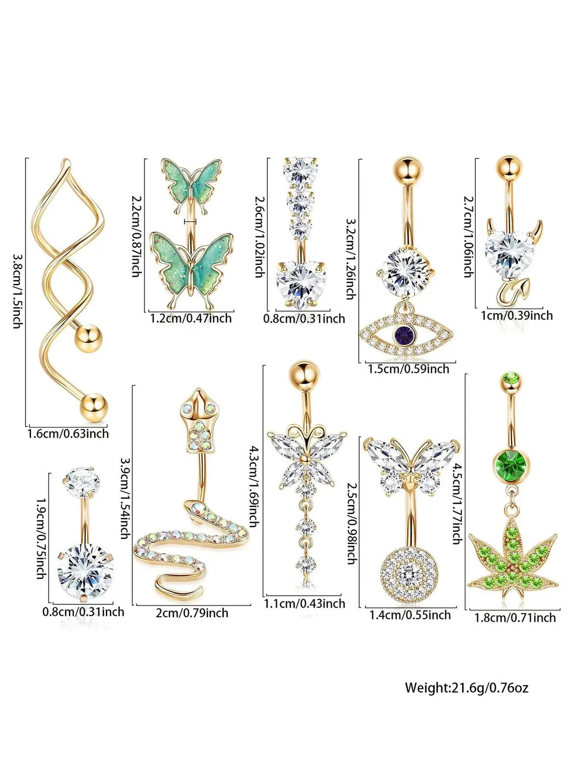 Women's Rhinestone Decorated Charms Belly Piercing Chic Body Jewelry, Body Piercings Set, Belly Button Rings, New Summer 2024 Butterfly & Eye & Snake & Heart Navel Real Jewelry Sets for Women Girls, Body Jewellery