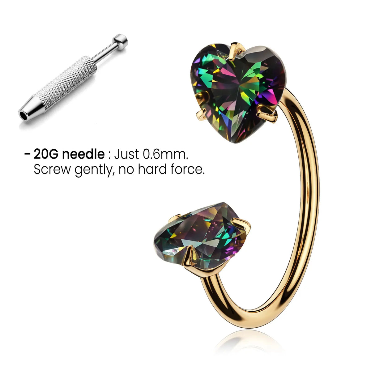 20G Titanium Heart Gems Horseshoe Nose Ring Free Auxiliary Tool Ball Holder Included - Piercing Jewelry