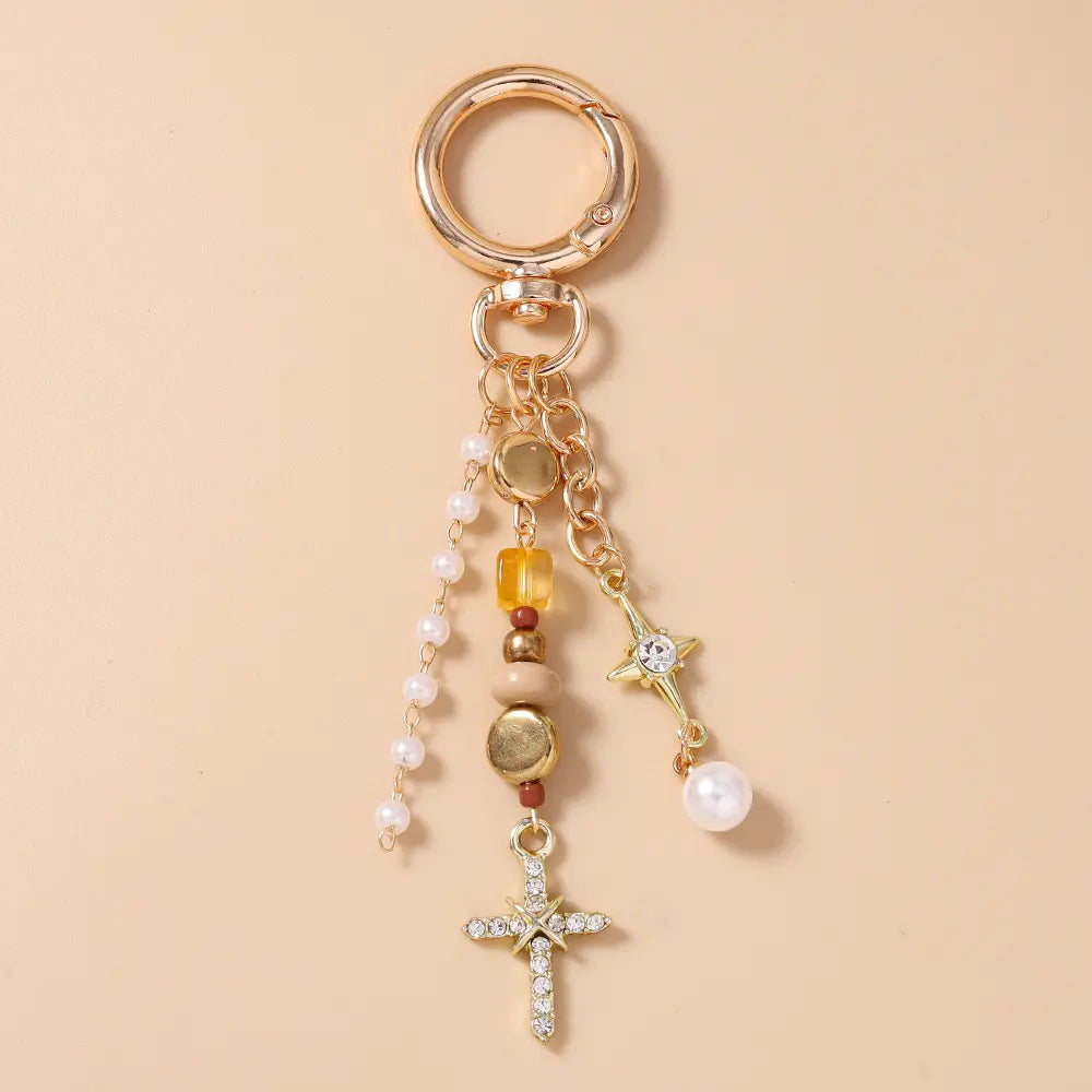 Beaded Wristband Keychain for Women, Funky Purse & Bag Charm with Butterfly, Heart, Cross, and Disc Pendants, Funky Unique Accessories, Cross Heart Disc, Multi-Pendant, Love, Whimsy, Charmful