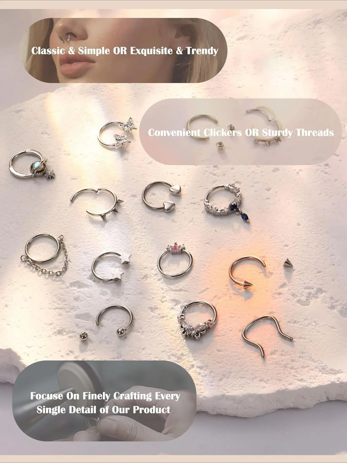 16G 10MM Septum Rings for Women Hypoallergenic Surgical Steel Septum Jewelry Body Jewelry Septum Pierced Ring Heart Butterfly Nose Lip Piercing Hinged Nose Hoop Nose Rings Hoops