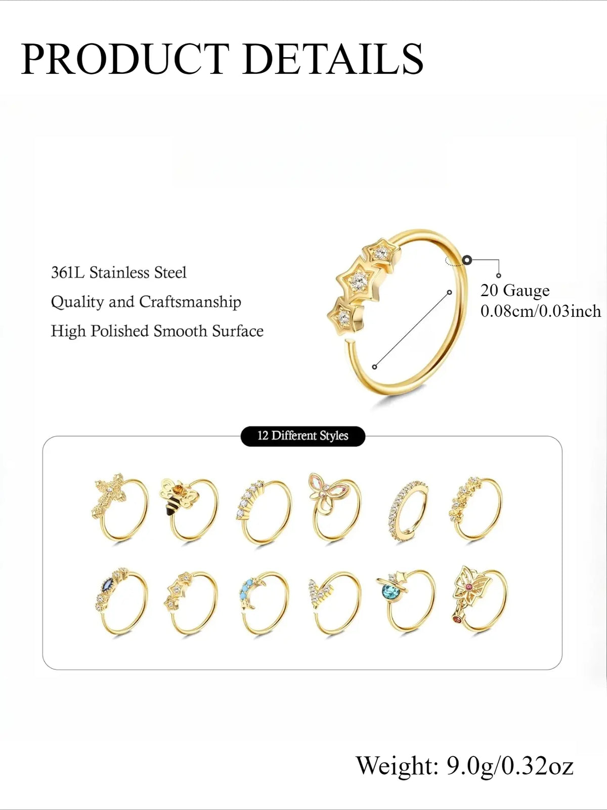 12 Pieces Decorative Nose Hoop Rings, 20-Gauge Surgical Stainless Steel Dangle Nose Rings for Women, Cartilage Earring, Ear and Body Piercing Jewelry